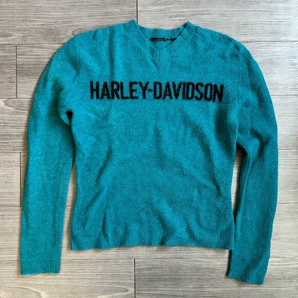 Vintage Harley Davidson Riding Knit Spellout V-Neck Turquoise Sweater Size L - Picture 1 of 3